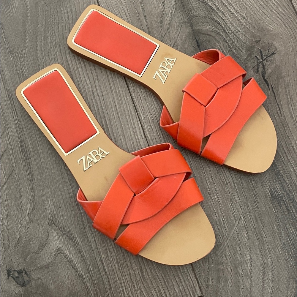 Zara Bloggers Fav Leather Flat Sandals Sz:6 36 Orange